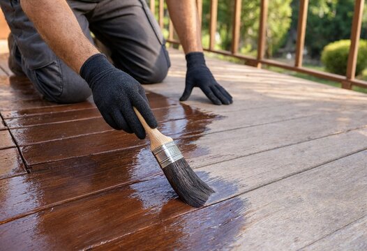 Professional worker applying wood stain and protective finish to an outdoor deck with a paintbrush