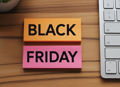 Black friday text printed on colorful sticky notes placed on a wooden desk next to a computer keyboard