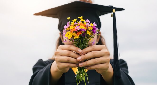 Graduation Blooms: A graduate in cap and gown holds a vibrant bouquet of flowers, their face obscured, symbolizing a new beginning and the blossoming of future possibilities.