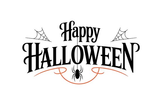 Happy halloween vintage style typography design with a spider illustration on a plain white background