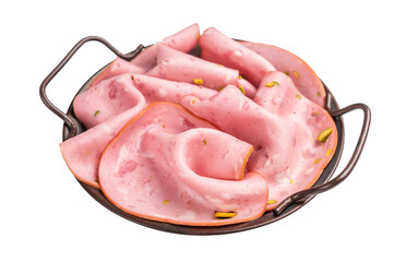 Mortadella sausage slices with pistachios for sandwiches in steel tray isolated on white background. top view © Mironov