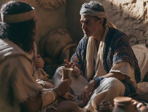 Two men in historical clothing conversing while sitting with a chalice