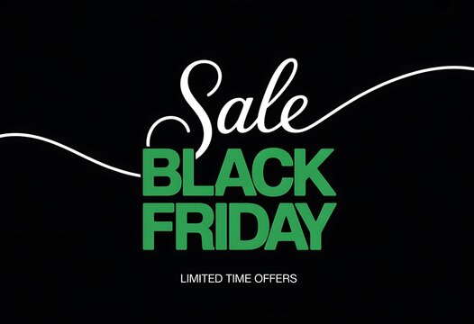 Black friday sale banner with elegant white script lettering and bold green typography on a black background