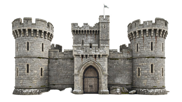 Medieval stone castle gatehouse with two large round towers and a central wooden entrance doorway isolated on a transparent background
