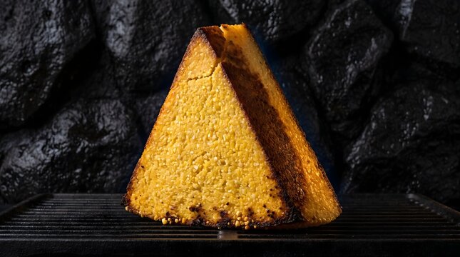 A single triangular slice of rustic orange sponge cake on a dark stone background with delicious homemade triangular culinary sweetness nutrition restaurant gastronomy