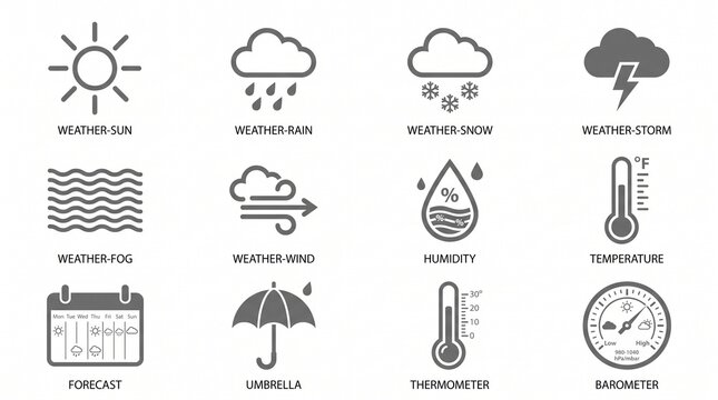 Collection of monochrome weather icons and symbols, including sun, rain, snow, storm, fog, wind, humidity, temperature, forecast, umbrella, thermometer, and barometer.