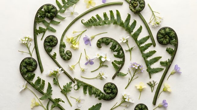 Fern fiddleheads and small wildflowers arranged in a circular pattern on a white background