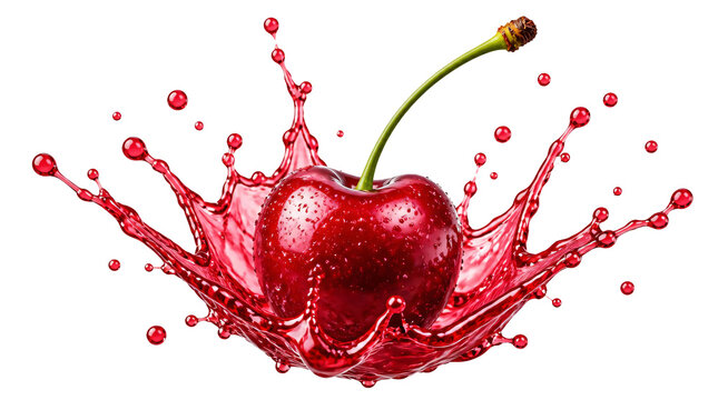 Flying ripe cherry with cherry juice splash isolated on transparent background