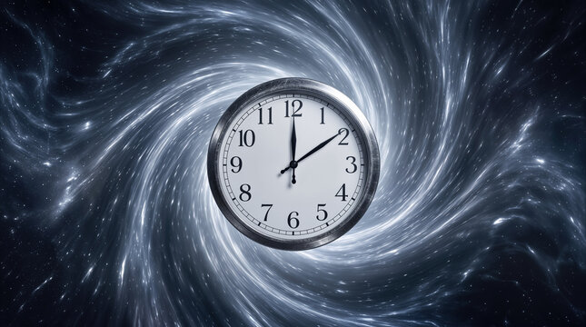Analog clock floating in cosmic wormhole. Concept of time travel and space exploration through celestial vortex.