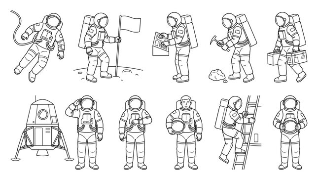 Astronaut in a spacesuit line art set space activities vector design