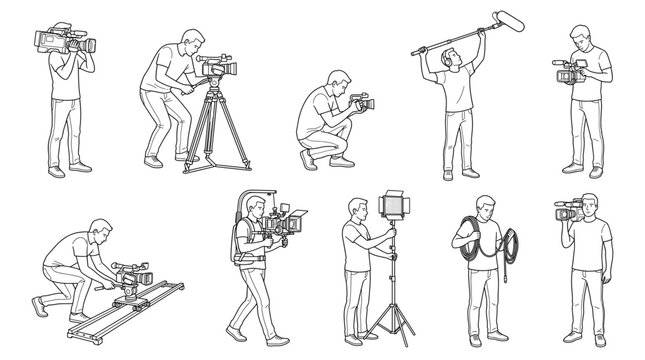Videographer filming line art set creative activities illustration