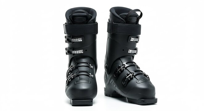 Black Ski Boots: A pair of sturdy black ski boots, equipped with adjustable buckles and a robust design, are presented front-on, ready for the slopes.