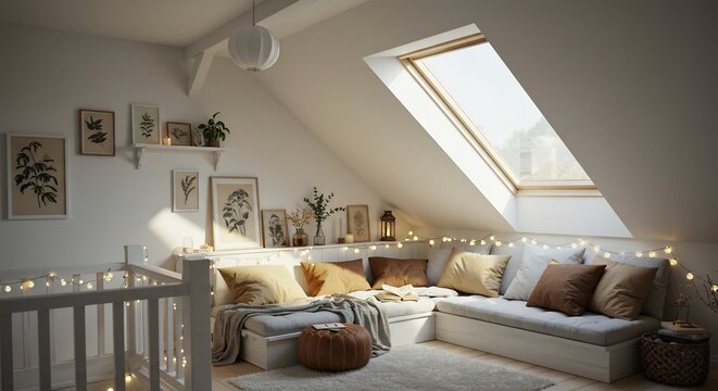 Cozy Attic Nook: A charming attic space transformed into a cozy reading nook, featuring comfortable seating, warm ambient lighting with string lights, and art adornments under a skylight.