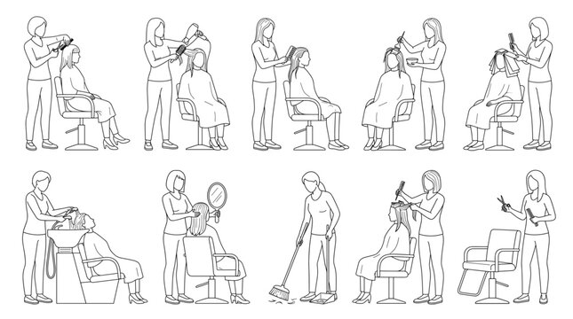 Hairdresser styling hair line art character set vector designs