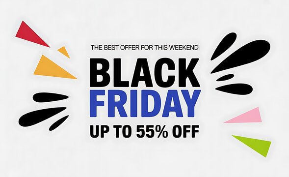 Black friday sale banner design with colorful abstract shapes and fifty five percent off discount text