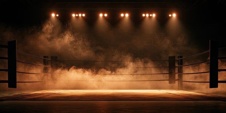 Smoky boxing ring illuminated by dramatic spotlights, ready for combat