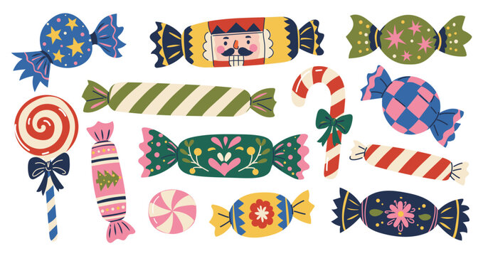 Christmas candy collection with candy canes, peppermint sweets and wrapped treats in festive folk style. Cute holiday vector illustration set for cards, stickers, crafts and seasonal designs