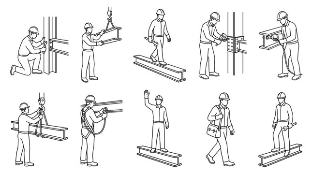 Ironworker erecting structural steel line art set worker activities vector design