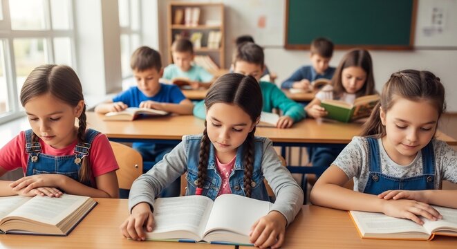 Young Scholars Engaged in Reading: A classroom of elementary school children deeply engrossed in their books, absorbing knowledge and fostering a love for learning in a bright, engaging environment.