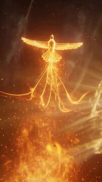 Vertical video: Embers coalescing, forming phoenix, wings spreading, ascending toward warm beams