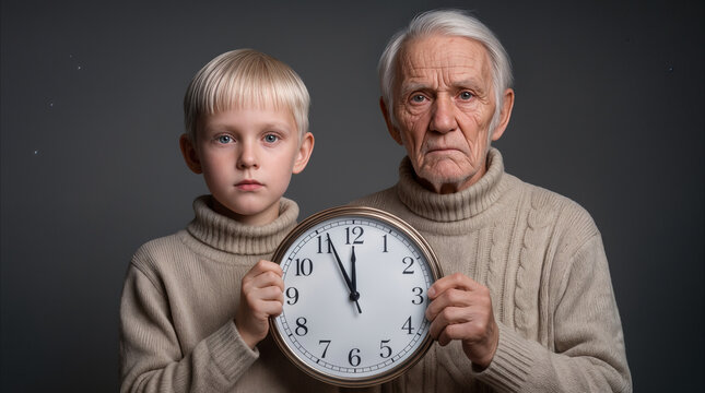 Generational contrast between grandson and grandfather holding analog clock. Concept of aging and time passing with serious family members.