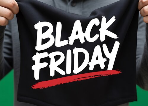 Person holding a black fabric sign with white brush stroke text that says black friday