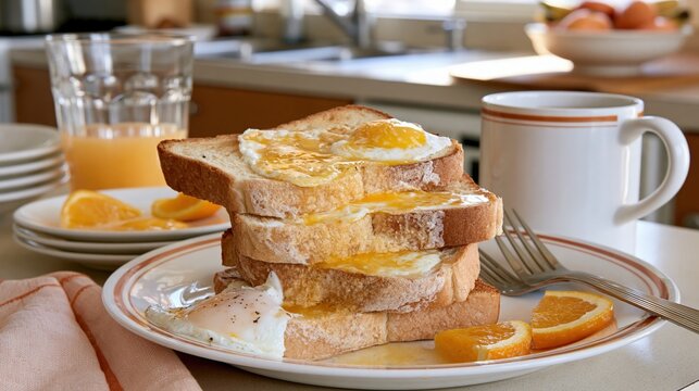 Toasted bread topped with fried eggs and orange slices is served with juice and coffee.