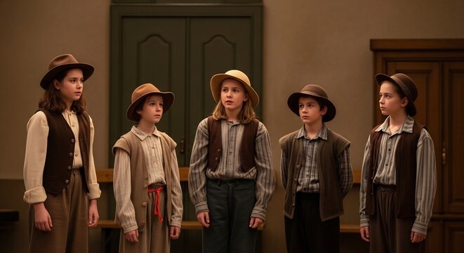 Victorian Children's Ensemble: A group of five young children, dressed in traditional Victorian attire, stand together with a sense of anticipation and solemnity.