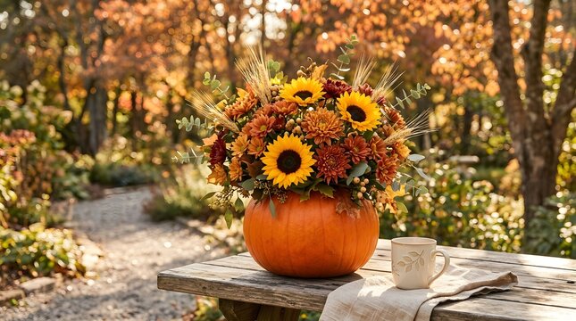 Beautiful autumn pumpkin flower arrangement with sunflowers and wheat on a rustic wooden table outdoors in a fall garden