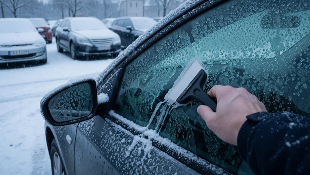 Close-up of a hand using an ice scraper to clean a frozen car window on a cold winter morning. Person scraping snow and ice from a vehicle in a parking lot