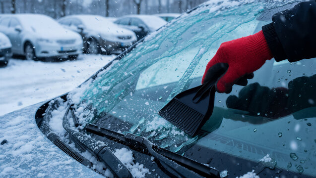 Hand in a red glove scraping ice from a car windshield on a snowy day. Essential winter car maintenance showing removal of frost and snow from a vehicle window