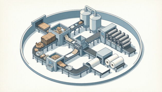 paper recycling factory and cardboard manufacturing assembly line vector