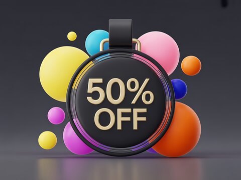A 3d render of a black circular badge with fifty percent off text surrounded by colorful floating spheres