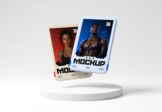Two Trading Cards Mockup Floating on Round Podium