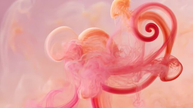 ?Enchanting swirls of pink and orange ink dance gracefully in water