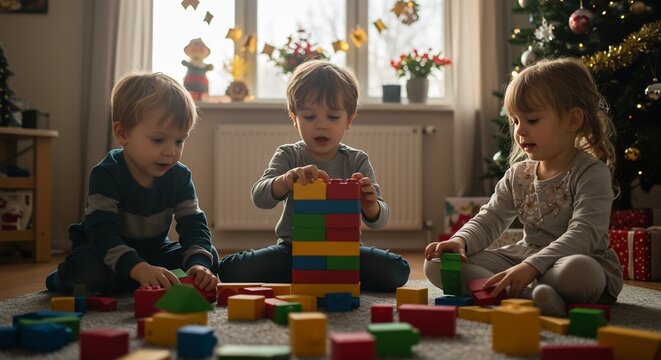 Festive Playtime: Three young children engage in joyful play with colorful building blocks on a cozy carpeted floor, amidst a warm.
