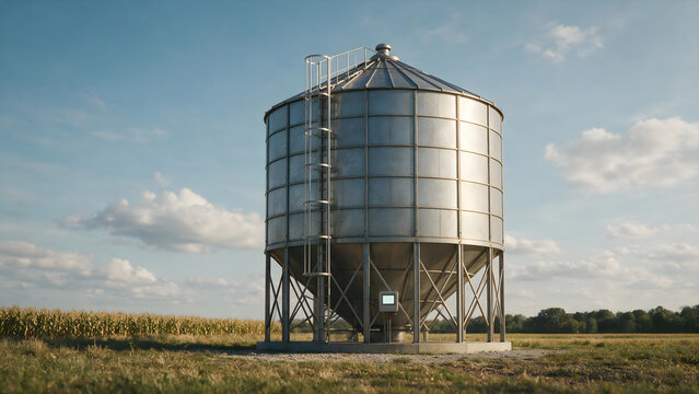 Modern Grain Silo with Digital Sensor in Farm Field