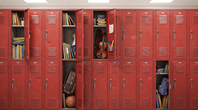 Red School Lockers in Hallway with Books and Basketball