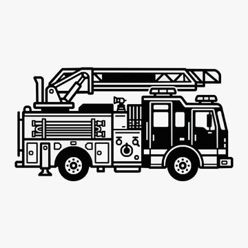 Corporate Black and White Line Art of a Fire Truck with Ladder and Emergency Equipment with high quality professional line art symbols for modern creative design and digital branding projects