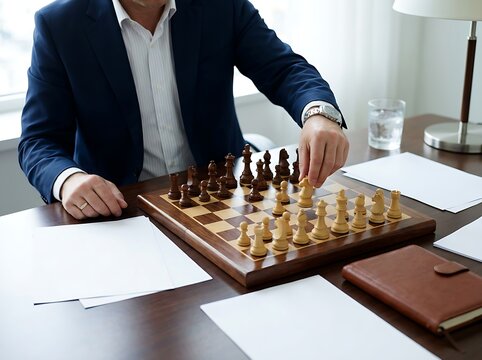 Businessman in a navy suit moving a white knight piece on a chessboard during a strategic planning session.