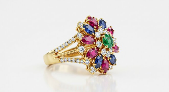 Exquisite Gemstone Ring: A stunning yellow gold ring adorned with a vibrant cluster of colorful gemstones, including emeralds, rubies, and sapphires, surrounded by sparkling diamonds.