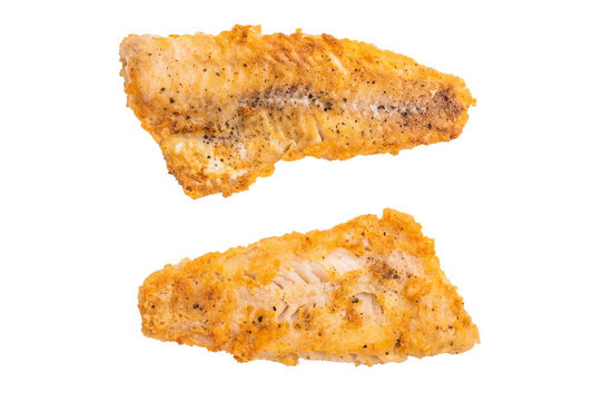 Fried Haddock white fish fillet isolated on white background. top view