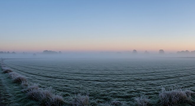 Frosty Horizon: A vast, flat expanse of frosty farmland stretches towards a hazy horizon, with a thin band of soft pink and orange light at dawn breaking through the clear, cool blue sky.