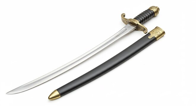 Antique Sword and Scabbard: A close-up view showcases a finely crafted antique sword with a detailed hilt and a sleek, black scabbard, hinting at a rich history and skilled artistry.