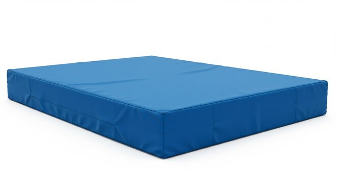 Blue Gymnastics Mat: A thick, vibrant blue gymnastics mat lies flat, ready for training and practice, offering a safe landing zone.