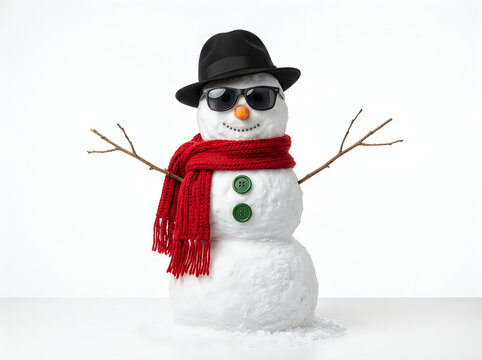 Cute snowman with black hat and red scarf