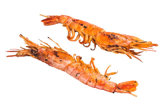 Skewers with  Grilled red Argentine shrimps, Prawns Langostino Austral isolated on white background. top view