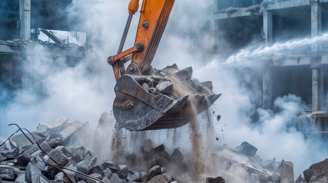 Construction machinery clearing rubble at demolition site. Water spray suppressing dust during building removal and urban redevelopment.