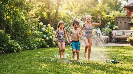 Fototapeta premium Three happy children running through a sprinkler in a sunny backyard, splashing and laughing. The scene is filled with summer joy and carefree fun.
