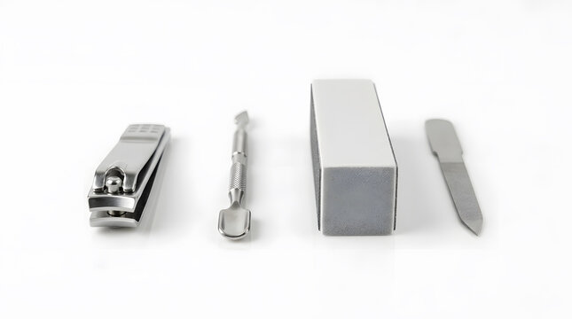 Manicure Set with Nail Clippers, Emery Board, Buffer, and Cuticle Pusher on White Background